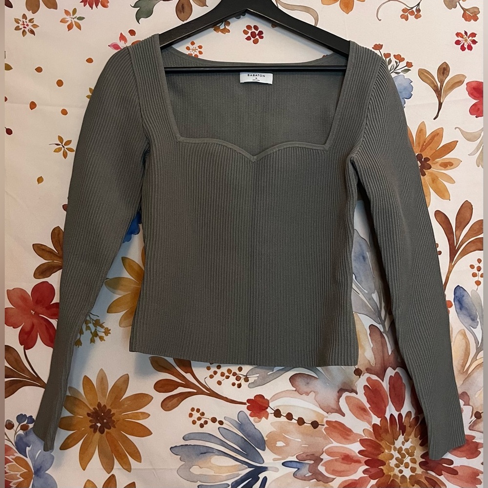 Babaton M Top Extra Slim Bodycon Long Sleeve Neutral Sweeatheart Ribbed Stretch - Picture 2 of 7